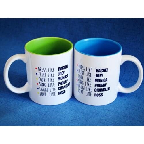 Friends tv show central perk Rachel Monica Phoebe chandler Joey green blue mug
