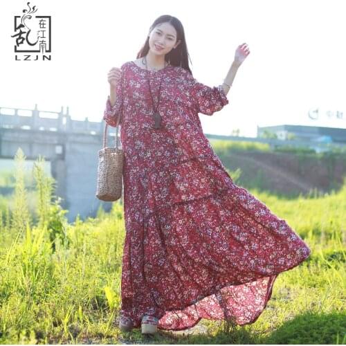 LZJN Long Sleeve Beach Boho Dress Summer Autumn Floral Maxi Dress Women Cotton Linen Shirt Dress Ethnic Robe Femme Kleid