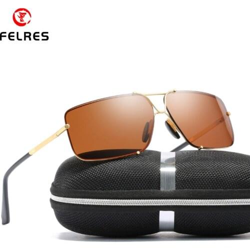 FELRES Metal Rimless Polarized Square Sunglasses For Men UV400 Outdoor Driving Fishing Anti-glare Glasses With Box F174