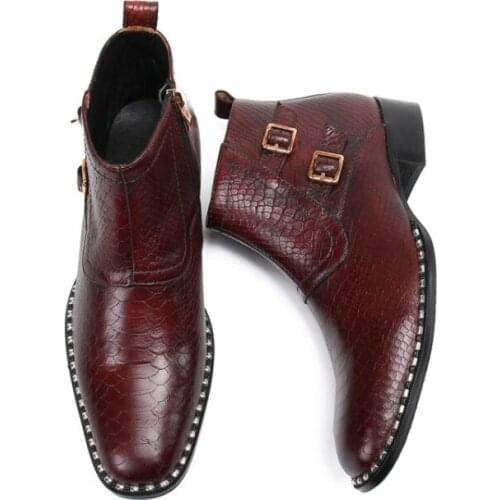 Men Dress Shoe 100% Genuine Leather Metal Zipper Wine Red Party Wedding Luxury Casual Formal Fashion Shoes Mens Chelsea Boots