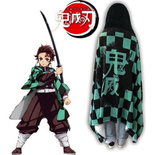 Demon Slayer Kimetsu No Yaiba Cosplay Cloak Anime Kamado Tanjirou Cosplay Costume Flannels Cloaks Blanket Soft Cap Hoodie Warm