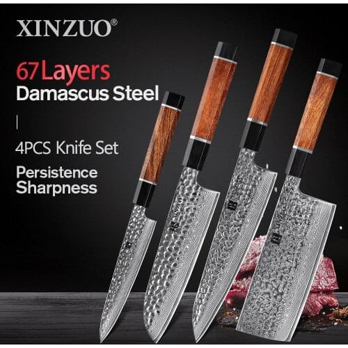 NEW XINZUO 4PCS Kitchen Knives Set Desert Ironwood Handle Japanese Damascus Steel Chef Santoku Cleaver Utility Kitchen Knives