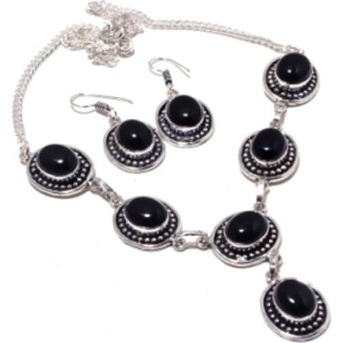 Black Onyx Necklace + Jewelry Set Silver Overlay over Copper , 46.5 cm, N4304