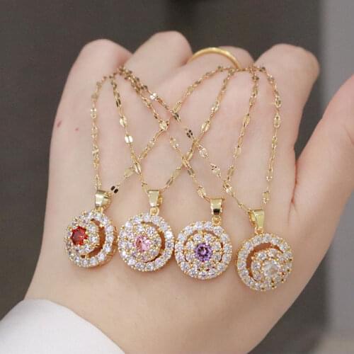 Spin And Crystal Annulus Interlocking Gold Pendant Necklace 316 Stainless Steel High Polished Necklace For Women Jewelry Party