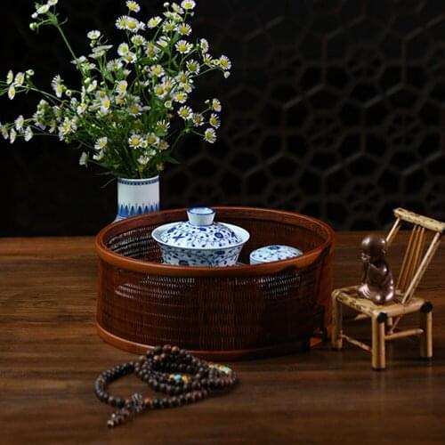 Handmade Weave Retro Durable Natural Bamboo Tabletop Storage Basket For Fruit Dessert Snacks Storage Box For Tea Cup Teapot