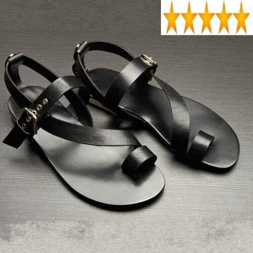 Flip Summer Mens Flop Strap Flats Buckle Casual Gladiator Shoes Vintage Breathable Genuine Leather Beach Sandals
