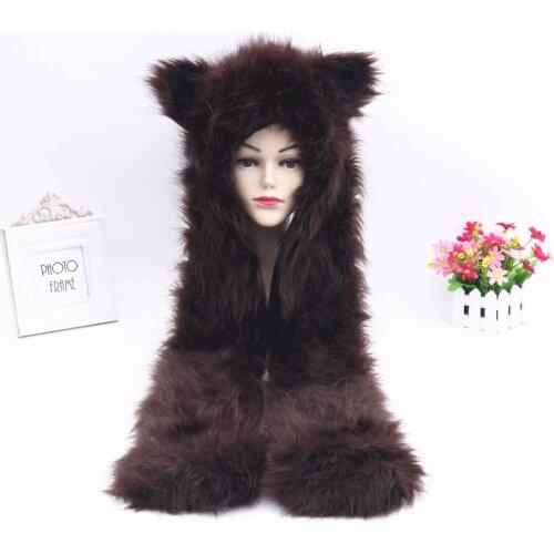 New Fashion Man &Women Imitation Fur Hat Winter Plush Cartoon Animal Hat Scarf Glove One Cap