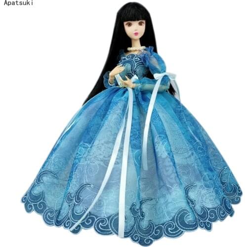 Blue Handmade Wedding Dress For Barbie Doll Clothes Outfits Puff Sleeve Bowknot Princess Party Gown 1/6 Dolls Accessories Toy