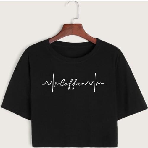 Coffee Heartbeat Womens Crop Shirt Cropped T-Shirt Crop Top Tee Summer Short Sleeve Cotton Tops Female Girls Graphic T-Shirts