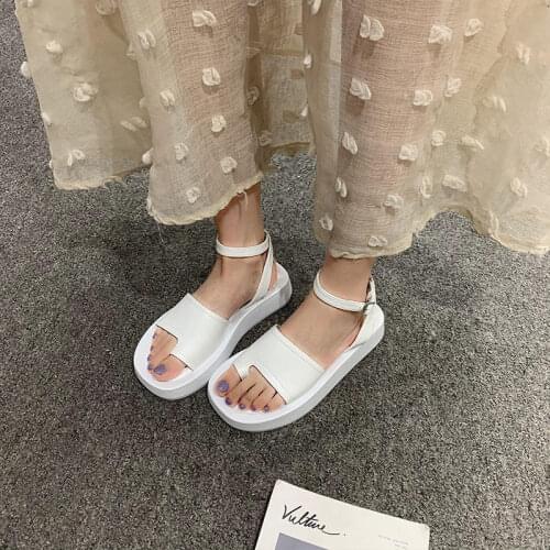 Woman Sandals Flat Shoes 2021 New Fashion Sandals Summer Shoes Round Toe 3.5cm Heel Buckle Black White Size 35-40