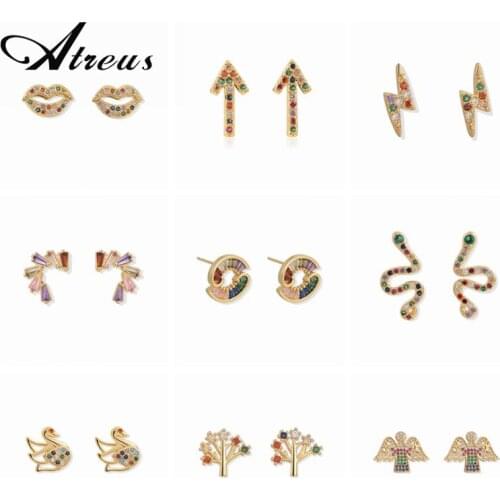 Copper Micro Pave Zirconia Stud Earrings for Women Shining Heart Snake Shaped Small Gold Color Ears Stud Jewelry Accessories