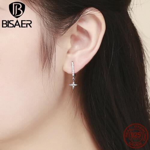 BISAER 925 Sterling Silver Clear Geometric Cubic Zircon Stud Earrings for Women Simple Fashion Earrings Jewelry Brincos ECE446