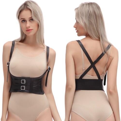 Womens PU Leather Bondage Underwear Adjustable Length Sexy Sling Gothic Fetish Open Cup Holder Bra Top