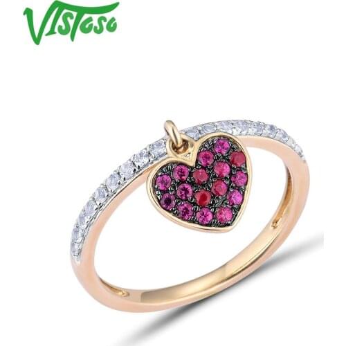 VISTOSO Pure 9K 375 Yellow Gold lab Created Ruby White Sapphire Heart Ring For Lady Engagement Anniversary Lovely Fine Jewelry