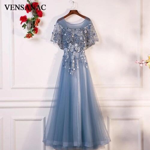 VENSANAC Lace Flowers O Neck Embroidery Long A Line Evening Dresses Vintage Party Pearls Tulle Prom Gowns
