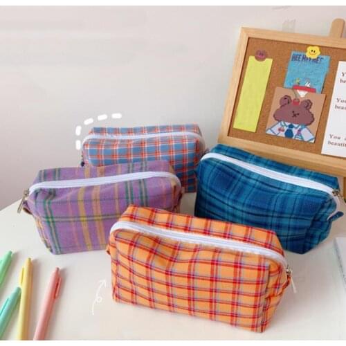 1 Pc Large Capacity Retro Grids Pattern Canvas Pencil Case Girls Women Cosmetic Bags Makeup Case Travel Stationery Storage Bag