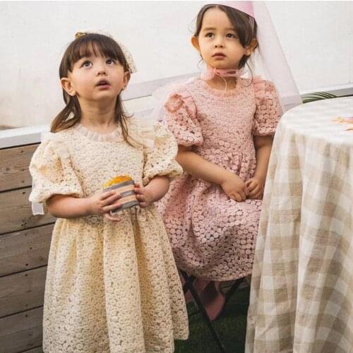 2021 Korea style girls lace dress fashion cotton shorts sleeve summer girls dresses