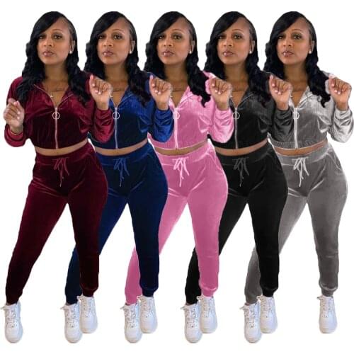 51F114 Autumn Winter Women Casual Fashion Solid Outdoor Zipper Sports Two Piece Set Tracksuit Sweatsuit Outfits Hot