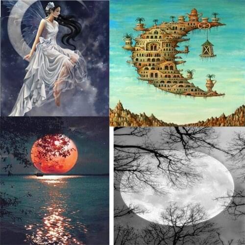 5D Diamond Painting Full Circle Diamond Moon Painting + Character Diamond Embroidery Landscape Cross Stitch Home Decoration