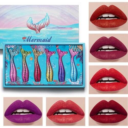 6pcs Mermaid Lip Glaze Set Matte Liquid Lipsticks Waterproof Lip Makeup Long Lasting Lip Gloss Blue Purple Black Matte Lipstick