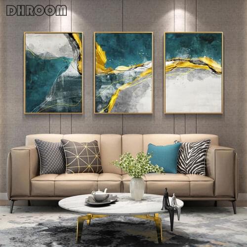 Abstract Golden Horizons Wall Art Green Blue Art Poster Canvas Prints Nordic Style Contemporary Pictures for Living Room Decor