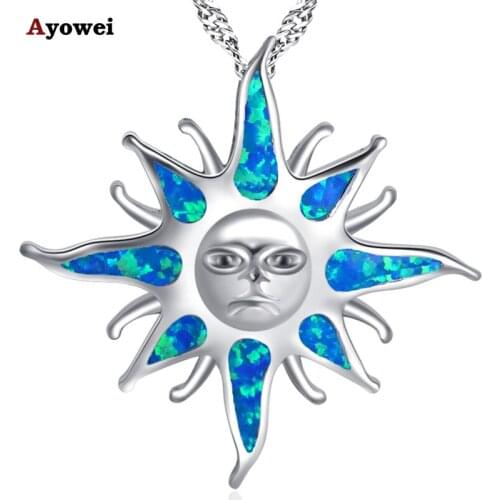Ayowei Hot sell sun flower for girl birthday gift blue fire opal silver 925 Pendant Necklaces for women fashion jewelry OP772A
