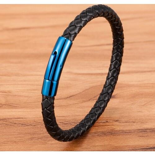 Classic Style DIY Bracelet Blue Stainless Steel Clasp Mens Leather Bracelet Custom Size For Birthday Gift