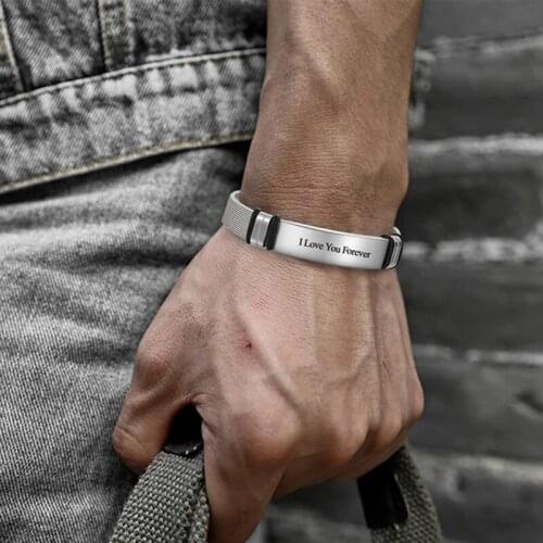 Mens Stainless Steel Bracelet Custom Engrave ID Tag Bracelets Men Gift Length Adjustable With Mesh Watch Band Wrist Jewelry Gift