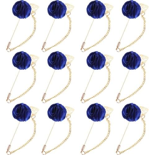 12pcs Unisex Boutonniere Ribbon Rose Bud Golden Chain Groom Suit Pin Handmade Party Wedding Accessories XH0772