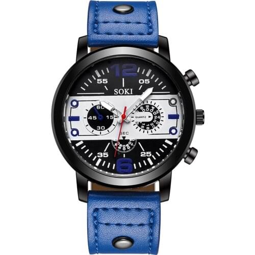 Sport Men 6-Hands Round Dial Faux Leather Strap Analog Quartz Wrist Watch Gift Mas-culino Fashion Mens Watch Large Dial Militar