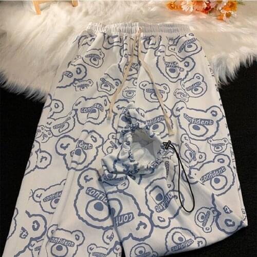 Ins Joggers Women Gray Sweatpants Baggy Wide Legs Drawstring Bear Print Pants Autumn Female Beam Feet Harem Pants Trousers Teens
