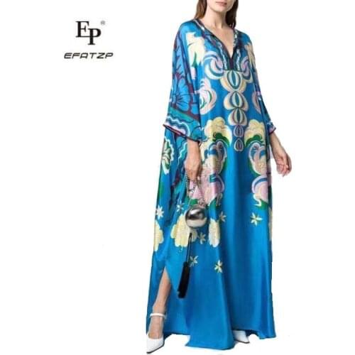 [EFATZP] New Womens Dresses Fertilize and Increase Style Blue Knitted Elastic KAFTAN Fashion Dresses