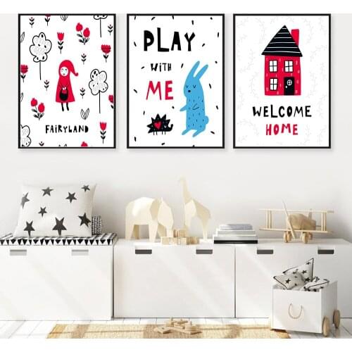 Kawaii Wall Art Pictures Cute Rabbit Cartoon Animals Canvas Painting Fairyland Posters and Prints Baby Girl Bedroom Decoration