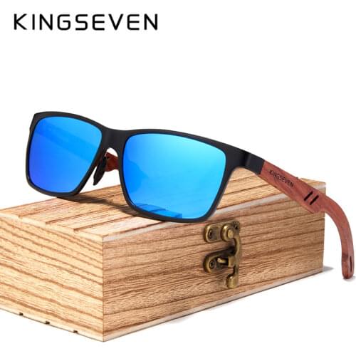 KINGSEVEN Retro Womens Glasses New Brand Designer Sunglasses Men Vintage Aluminum+Wood Sun Glasses For Men With Wood Case