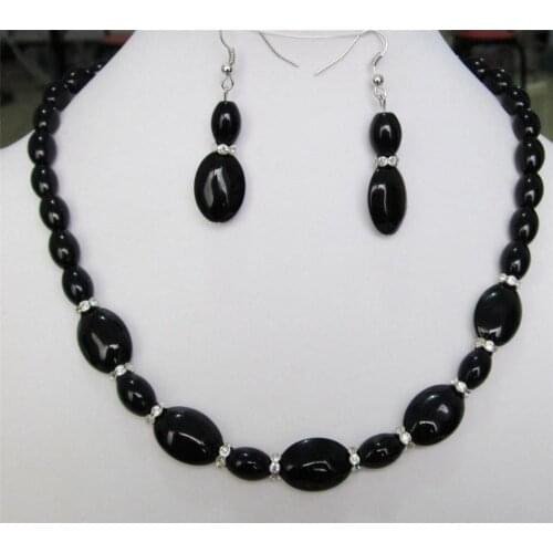 Beautiful 8x12mm & 13x18mm Black Agate Onyx Gems Necklace 18" Earrings set >^^>18K gold plated watch Quartz stone CZ crystal (A0
