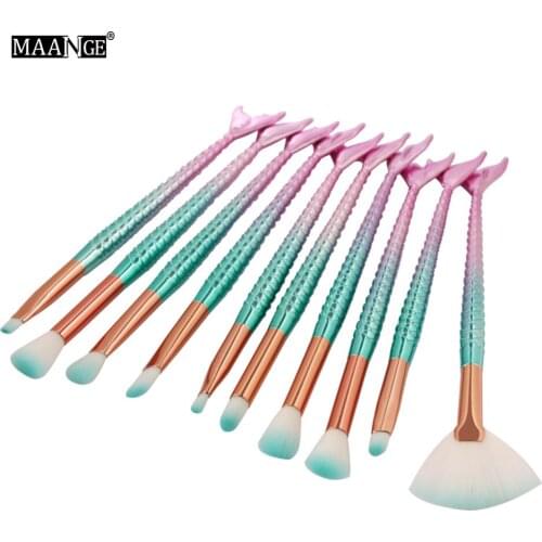 MAANGE 10Pcs Mermaid Makeup Brushes Eyeshadow Powder Lip Concealer Shadow Blending Fan Brush Set Make Up Cosmetic Beauty Tools