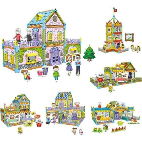 Puzzle House Model Self Assembly Toy Educational Painting Coloring 3D Jigsaw for Kids 3D Coloring Puzzle Set Creative DIY Gift