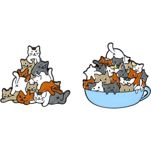 Cartoon A Cup of Cats Enamel Pins Cat Coffee Cup Mug Brooch Bag Lapel Animal Kitten Badge Fashion Jewelry Gift for Kids Friends