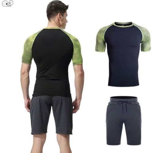 2PCS Mens Short Sleeve Shirts+Shorts Sports Suits 2019 New GYM Fitness Quick Dry Jogging Sportswear Printed Running Set Clothing