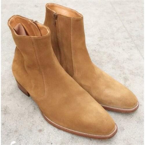 New Handmade Quality Product Wedge Suede Chelsea Boots Wyatt Classic Harness Ankle zipper Men Camel Boots