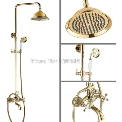 Wall Mounted 8.2 inch Shower Head Rain Shower Faucet Set /Gold Color Brass Dual Cross Handles Bathroom Bathtub Mixer Tap Wgf453
