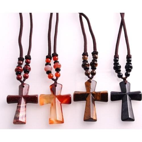 3PCS Wholesale Cross Shape Natural Stone Pendant Necklace Crystal Agates Stone Necklaces High Quality Healing Jewelry Necklace