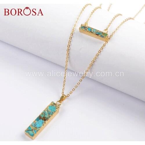 BOROSA 3/5pcs Natural Turquoises Layer Chain Necklace, 16"&24"chains Double Bar Turquoises Pendant Necklaces G1672