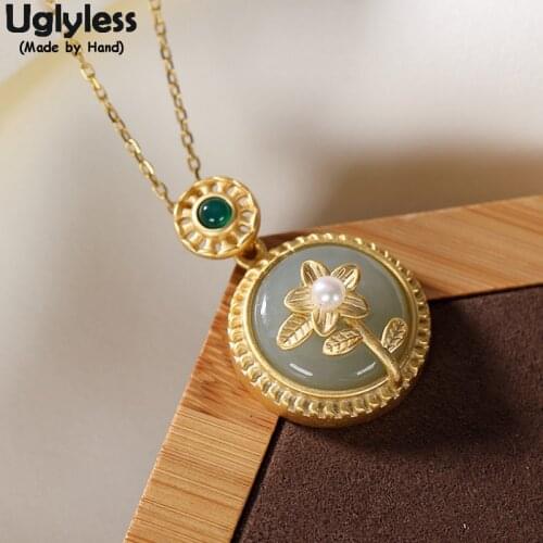 Uglyless Natural Chalcedony Jade Pearl Flower Necklaces for Women Gold Floral Dress Pendants with Chain 925 Silver Medal Jewelry