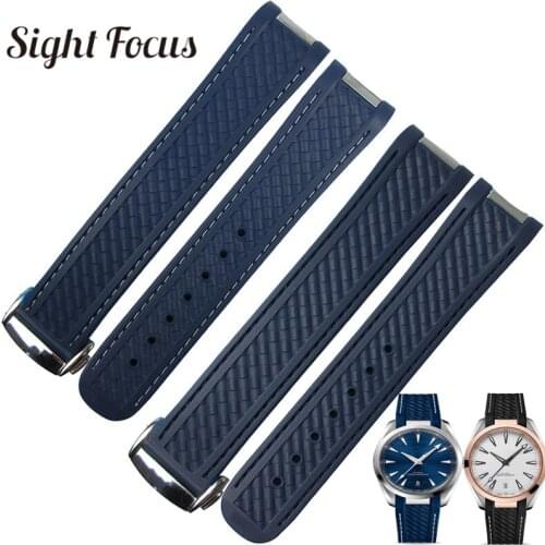 20mm Rubber Watchband for Omega Seamaster 8900 New 300 Aqua Terra AT150 Deployment Clasp Watch Strap Blue Black Bracelet Correas