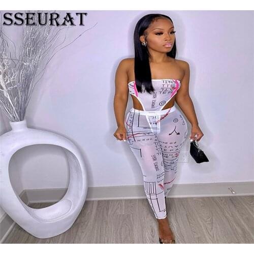 SSEURAT Hot Sexy Mesh See Through Matching Sets for Women Two Piece Set Bodysuit and Leggings Club Outfits 2021
