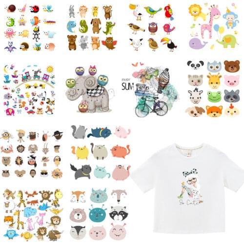 Iron On Patches Cute Cat Cartoon Animal Clothes Sticker DIY T-shirt Stripes Hippie Thermal Heat On Transfer T-shirt Printed E