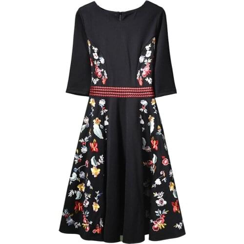 PERHAPS U Black Vintage Elegant V Neck Floral Embroidery 3/4 Sleeve Empire A Line Knee Length Dress Solid Autumn D1713