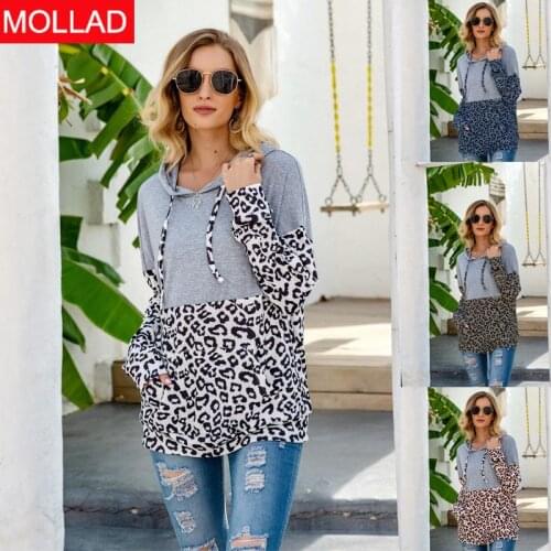 2021Autumn and Winter Stitching Leopard Print Pocket Tether Hoodie Women Fleece Sweatshirt Female Dropshipping