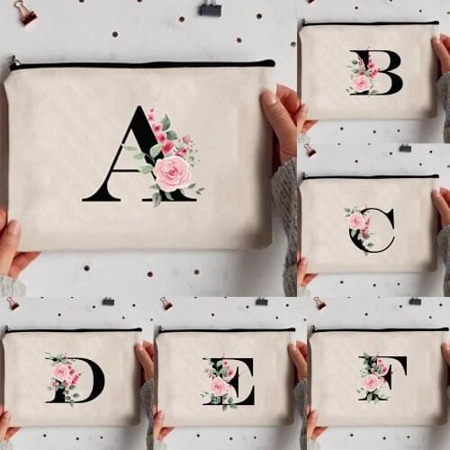 Letters A-Z White Cosmetic Bag Women Gift Organizer Bag Canvas Reusable Travel Lipstick Bag Eco Portable Pencil Organizer